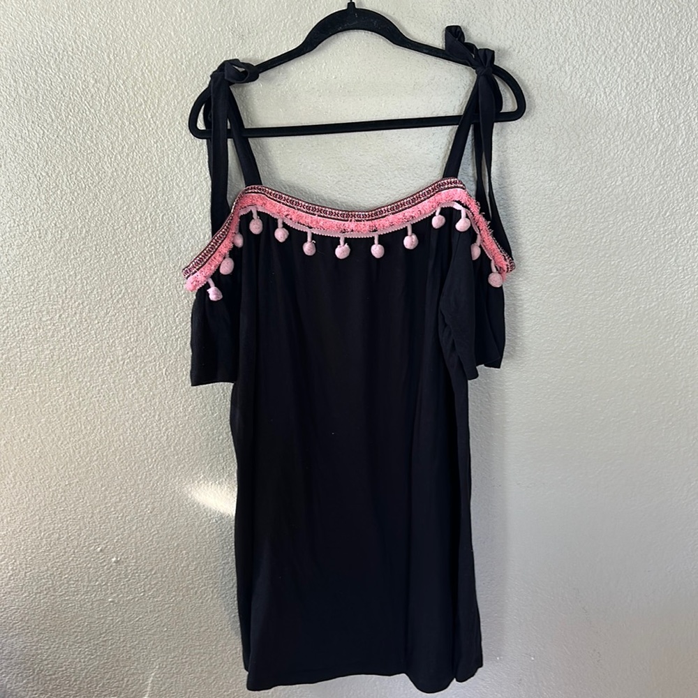 ASOS Black Tie Strap Off Shoulder Mini Dress with Pink Pom Poms Size 14